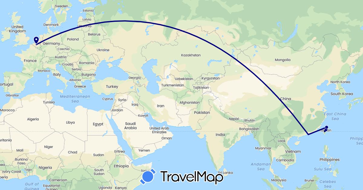 TravelMap itinerary: driving in Belgium, China, Taiwan (Asia, Europe)